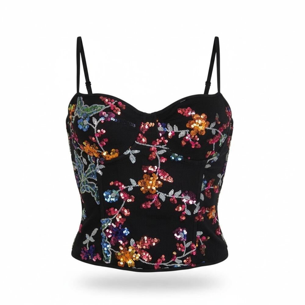 Pretty Little Thing Black & Bright Sequined Floral Structured Corset Top | 10